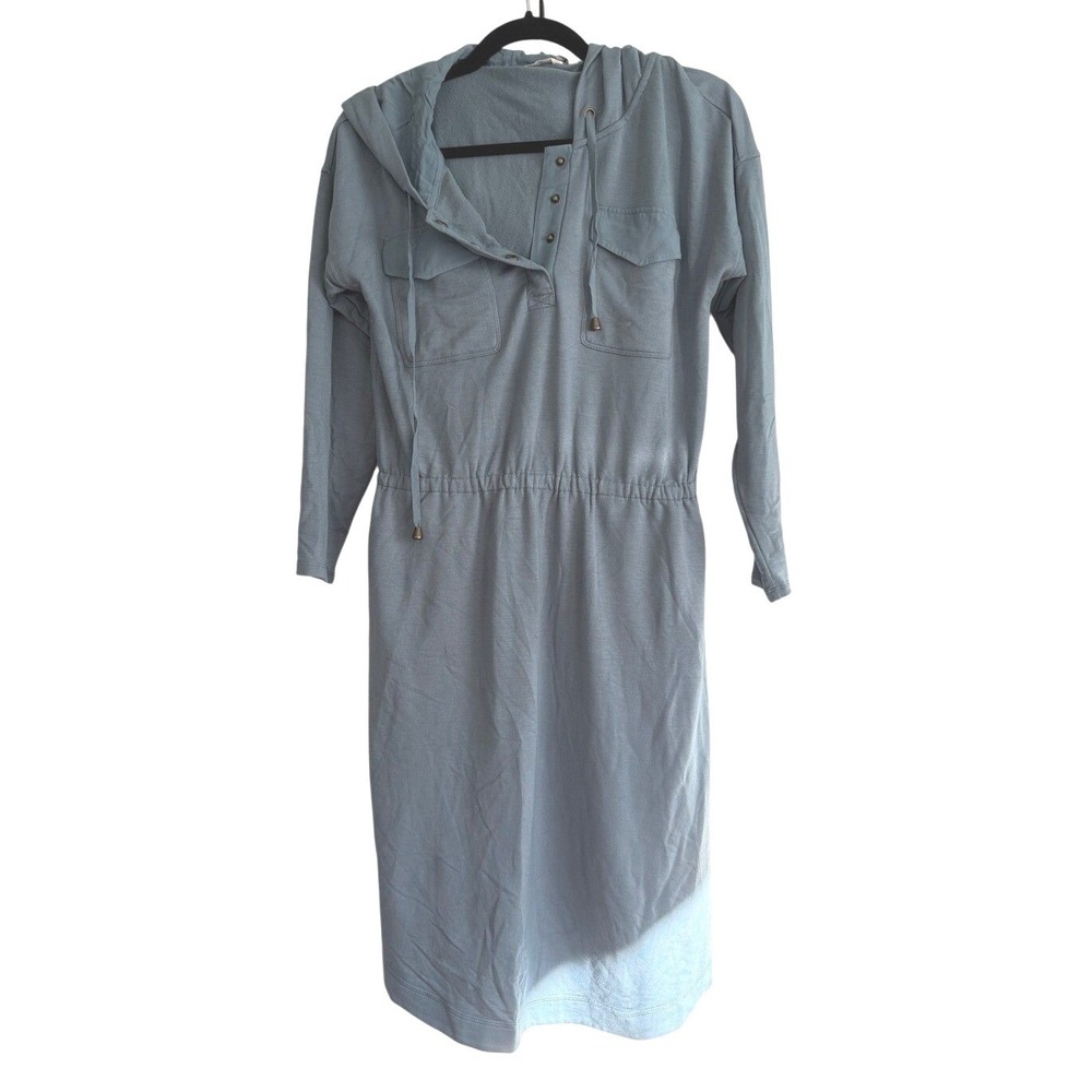 Soft Surroundings Hooded‎ Henley Midi Dress Blue Grey Elastic Waist Small